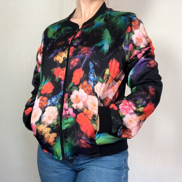 JustFab Jackets & Blazers - Bright Floral Bomber Jacket